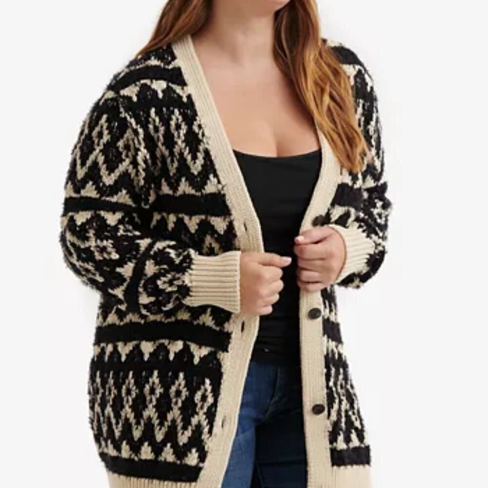 Lucky Brand | Diamond Fair Isle Cardigan Black Ivory | Size M